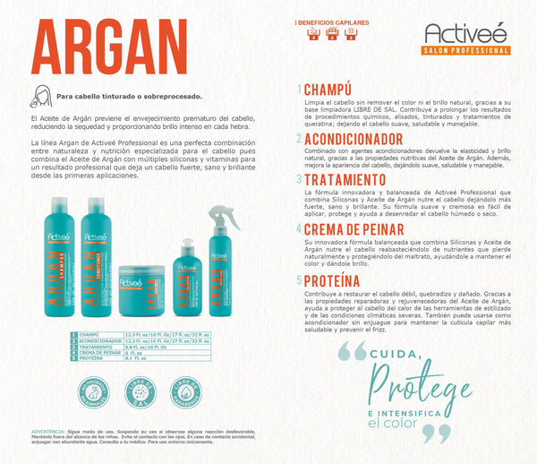 Tratamiento Capilar Activee Professional Argan Tecnologia para cuidado Intensivo de Cabello Teñido o Dañado Libre de Sal