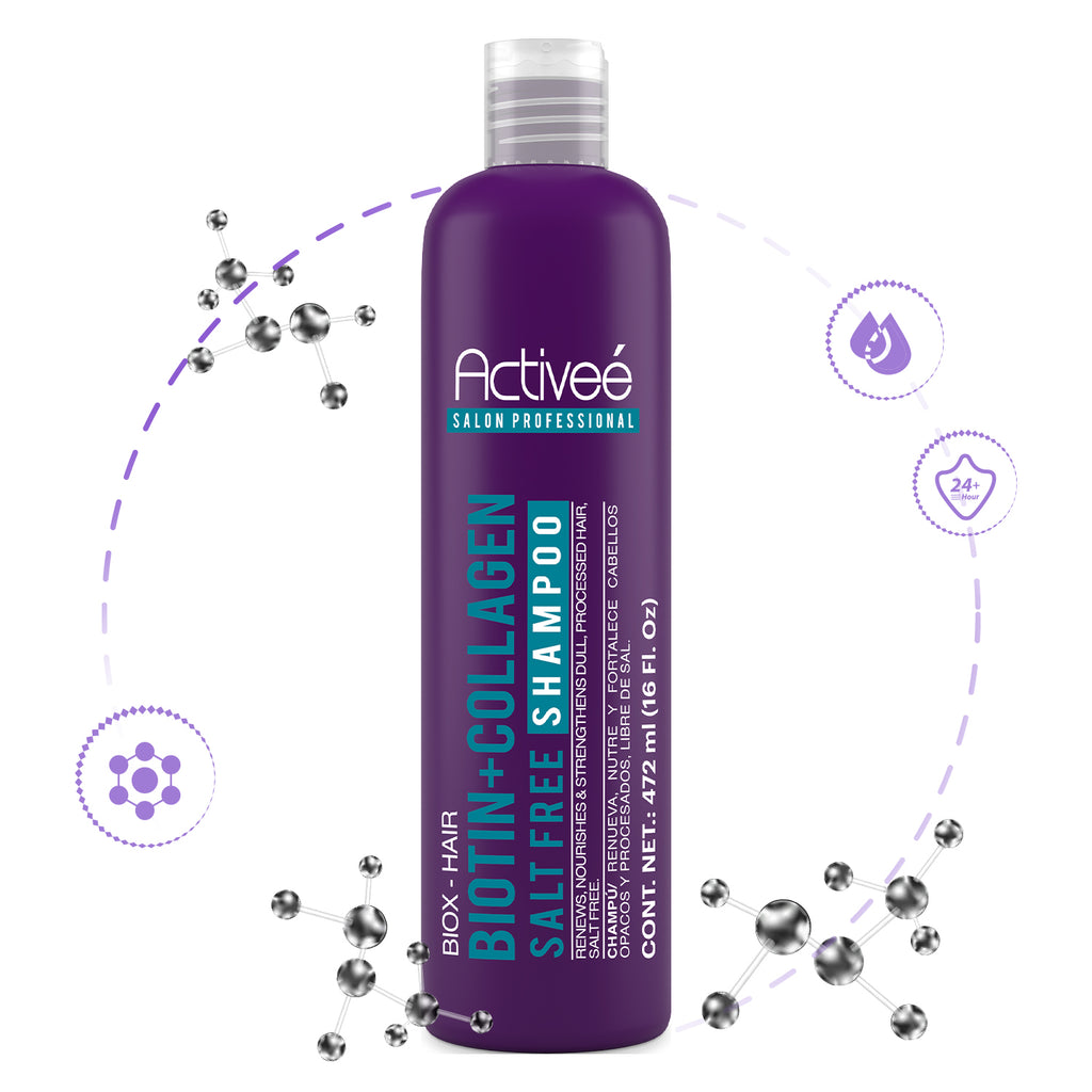 Shampoo Activee Professional Biotin+Colagena Renueva Nutre y Fortalece Cabellos Opacos y Procesados Libre de Sal