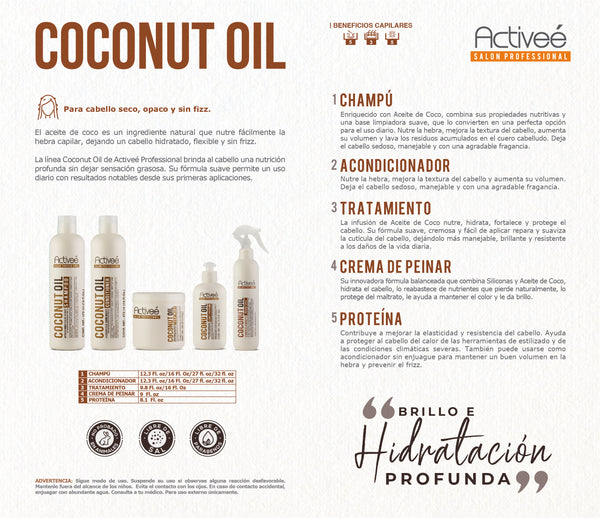 Shampoo Activee Professional Coconut Oil Tecnologia para cuidado Cabello con Perdida de Color Quebradizo y con Frizz Libre de Sal
